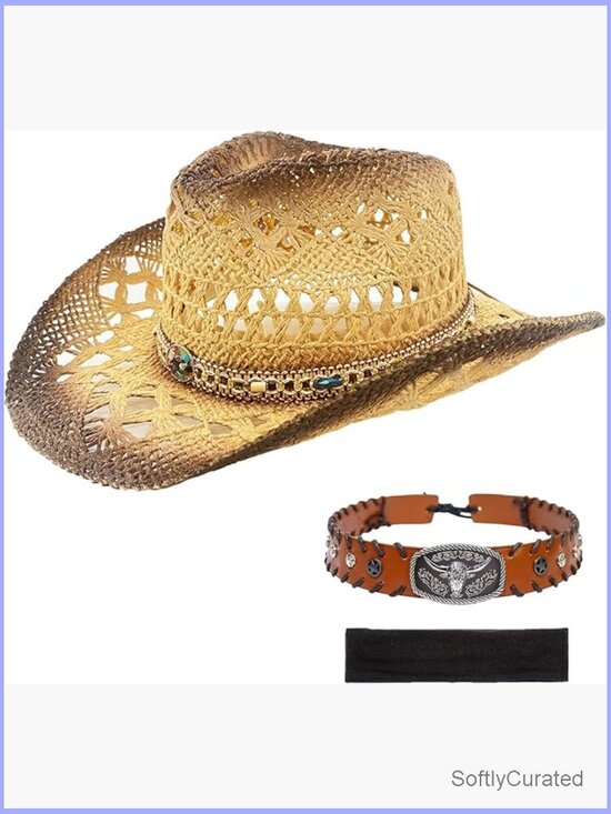 Western Straw Cowboy Hat with Two Decorative Bands and Hair Band, Wide Brim main image 7